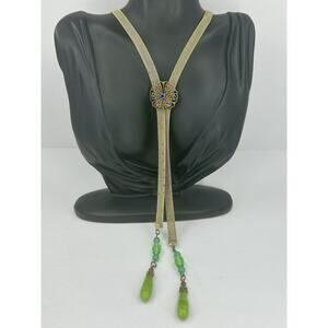 Antique Czech Uranium Lariat Slider/Brooch Necklace Green Glass Gold Tone
